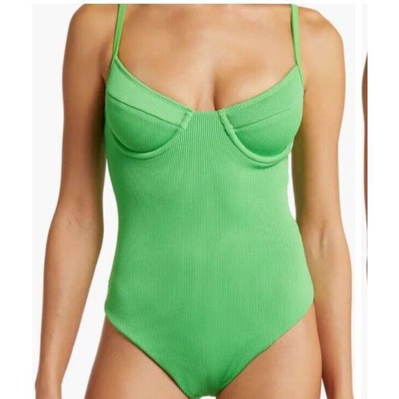 kulani kinis Ribbed Underwire One-Piece Swimsuit in Green Size Small Women’s - Picture 7 of 7